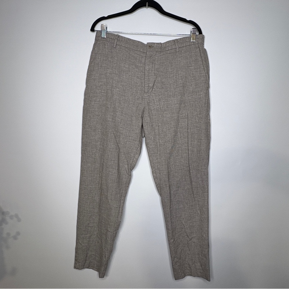 Zara Linen Blend Beige Brown Crosshatch Print Casual Pants Size XL